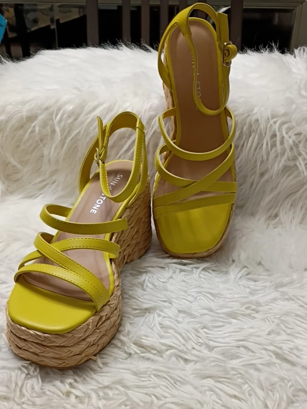 New Sun + Stone Citron Yellow Strappy Rafia Espadrille Platform Sandals 5.5M